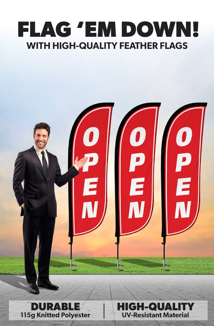 Open Feather Flag - 3 Pack w/ Ground Spike Pole Set
