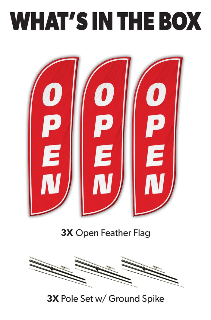 Open Feather Flag - 3 Pack w/ Ground Spike Pole Set