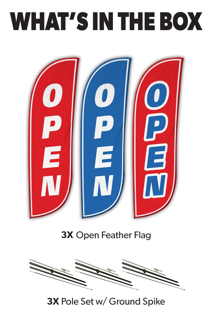Open Feather Flag - Variety 3 Pack w/ Ground Spike Pole Set