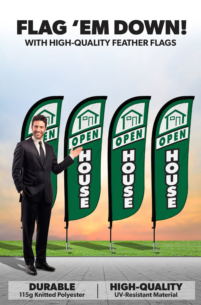 Open House Feather Flag - 4 Pack w/ Ground Spike Pole Set