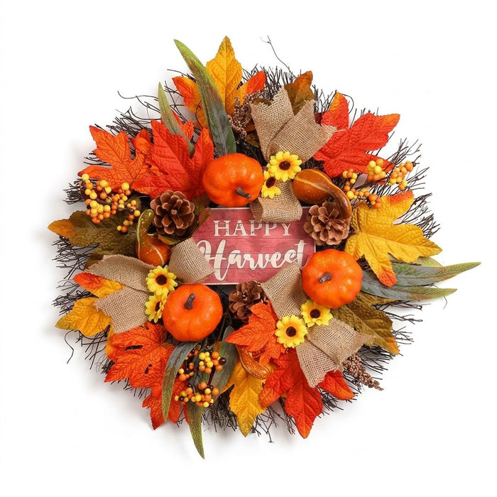 Partyrite 18" Artificial Autumn "Happy Harvest" Wooden Sign Door Wreath with Mini Pumpkins, Gourds, Burlap Bows & Sunflower Accents |