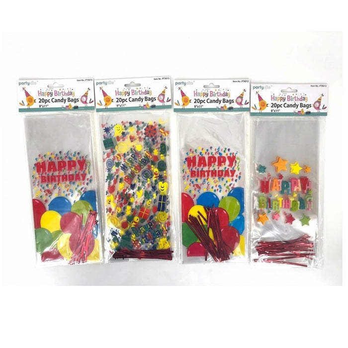 PartyRite 20-Pack Happy Birthday Candy Bags with Twist Ties, 5" x 11", Wholesale