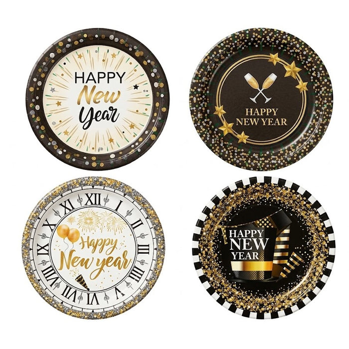 Partyrite 9" New Year's Eve Paper Dinner Plates (8-Count Pack) - Black & Gold Party Designs | Wholesale