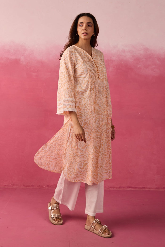 Peach Hand Block Print Gathered Kurta & White Pant Co - ord Set - Tara - C - Tara