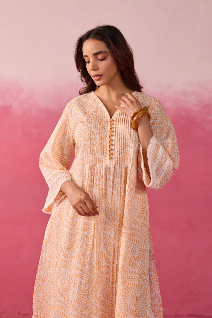 Peach Hand Block Print Gathered Kurta & White Pant Co - ord Set - Tara - C - Tara