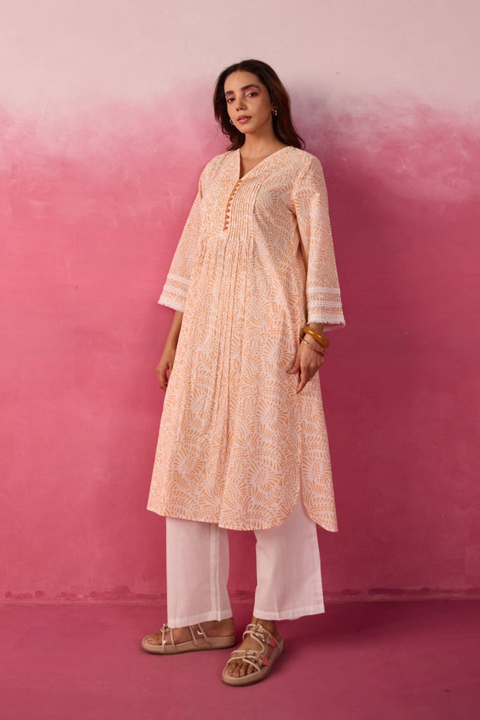 Peach Hand Block Print Gathered Kurta & White Pant Co - ord Set - Tara - C - Tara