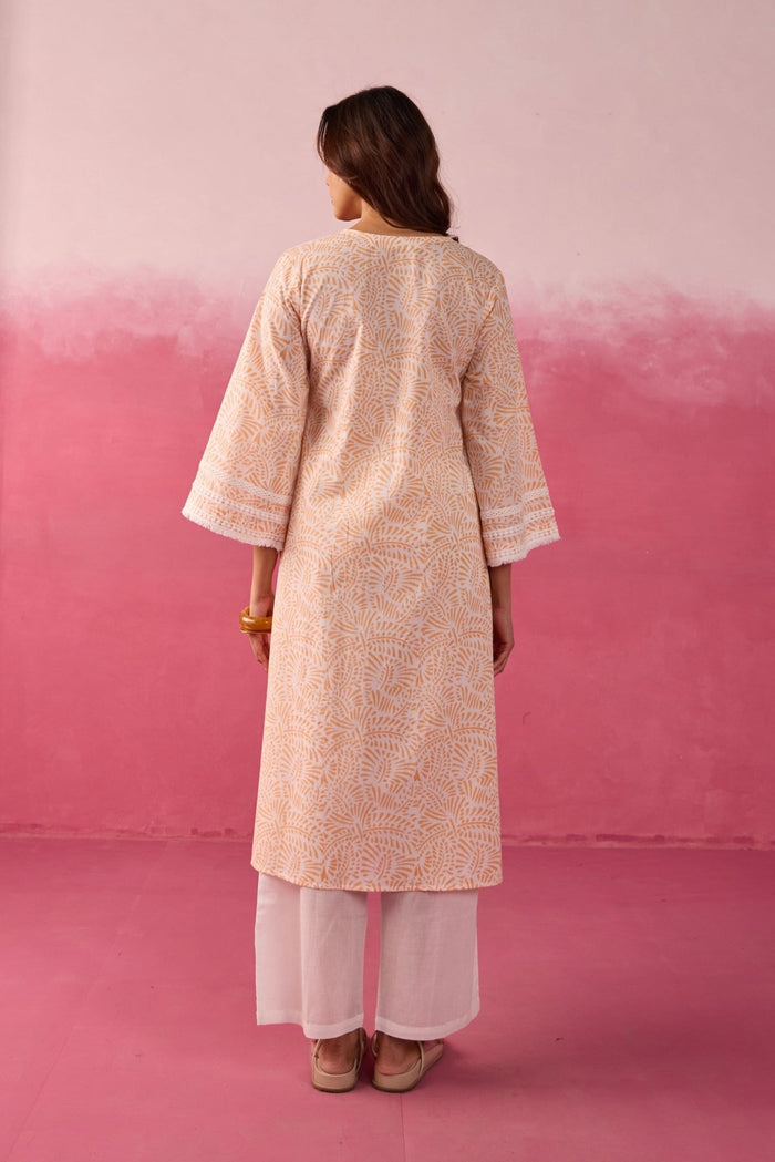 Peach Hand Block Print Gathered Kurta & White Pant Co - ord Set - Tara - C - Tara