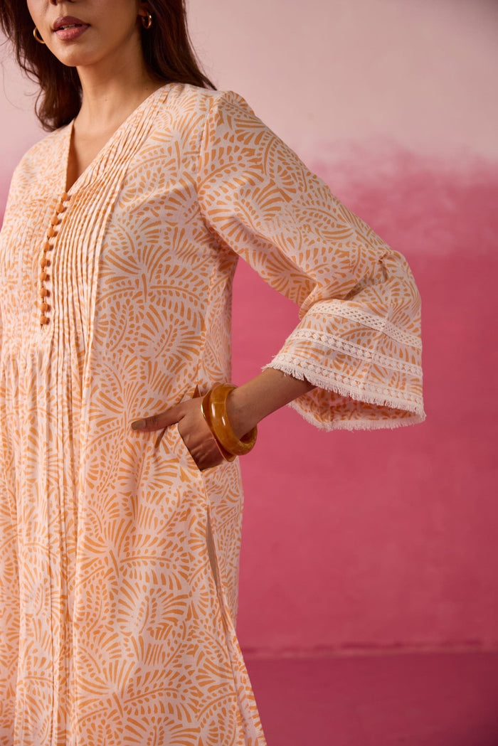 Peach Hand Block Print Gathered Kurta & White Pant Co - ord Set - Tara - C - Tara
