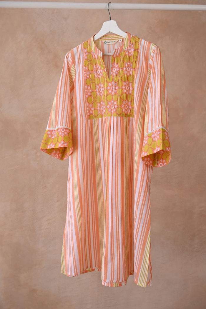 Peach & Yellow Stripe Block Printed Kurta - Tara - C - Tara
