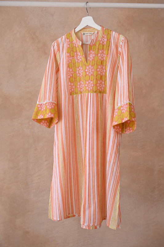 Peach & Yellow Stripe Block Printed Kurta - Tara - C - Tara