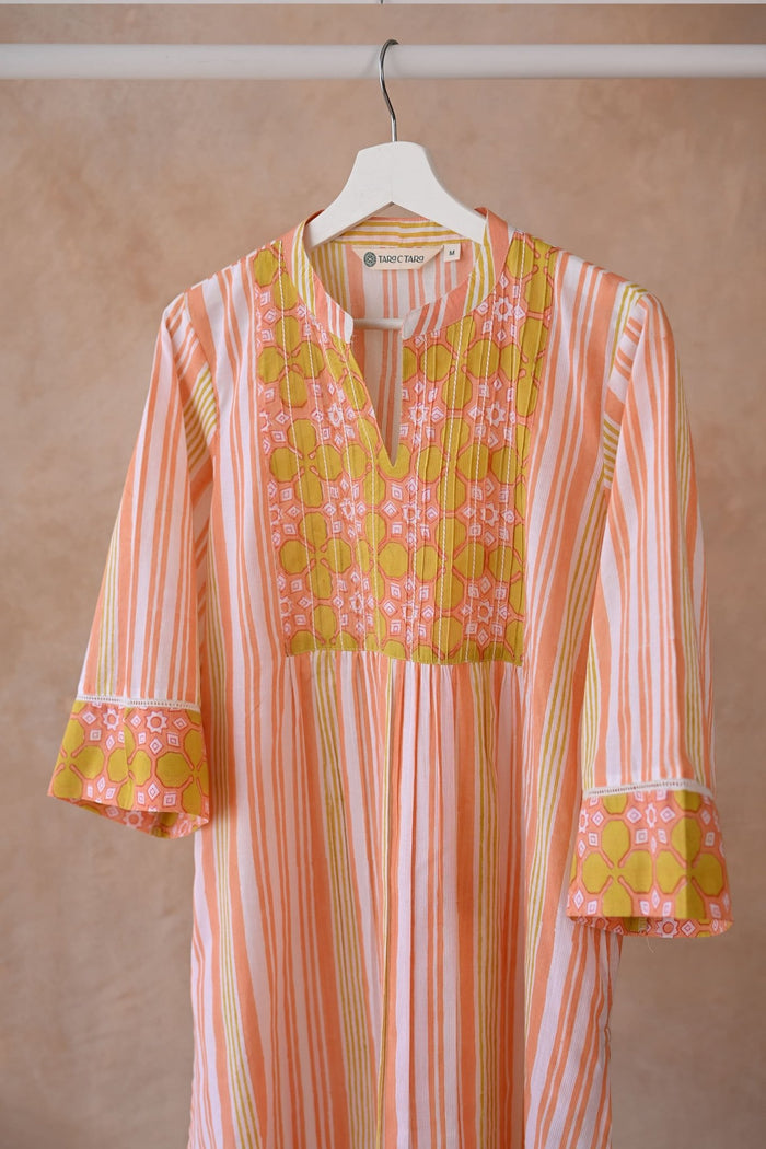 Peach & Yellow Stripe Block Printed Kurta - Tara - C - Tara