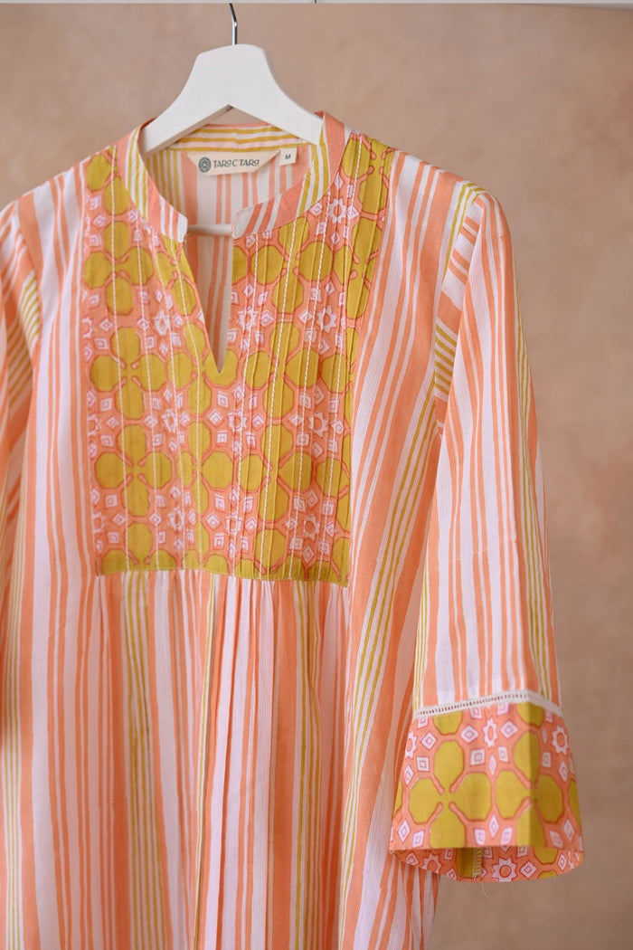 Peach & Yellow Stripe Block Printed Kurta - Tara - C - Tara