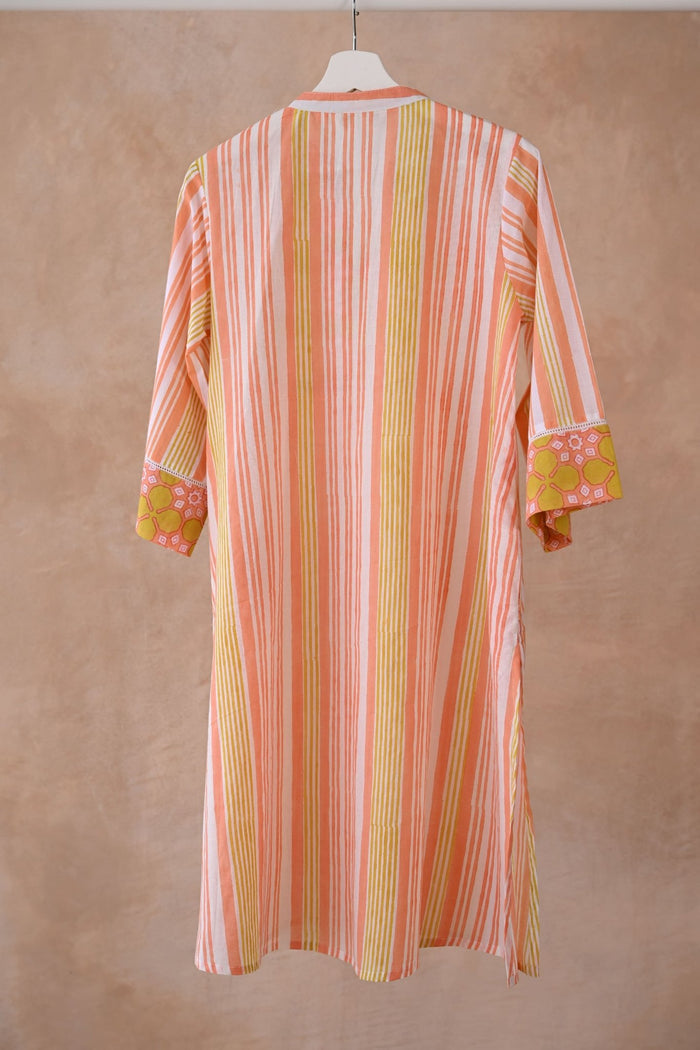 Peach & Yellow Stripe Block Printed Kurta - Tara - C - Tara