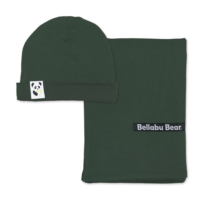 Pine Green Bamboo Swaddle & Beanie Set