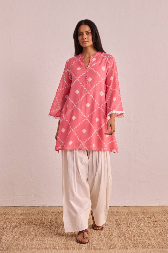 Pink Bandhej Printed Kurta & White Farsi Salwar Co - ord Set - Tara - C - Tara