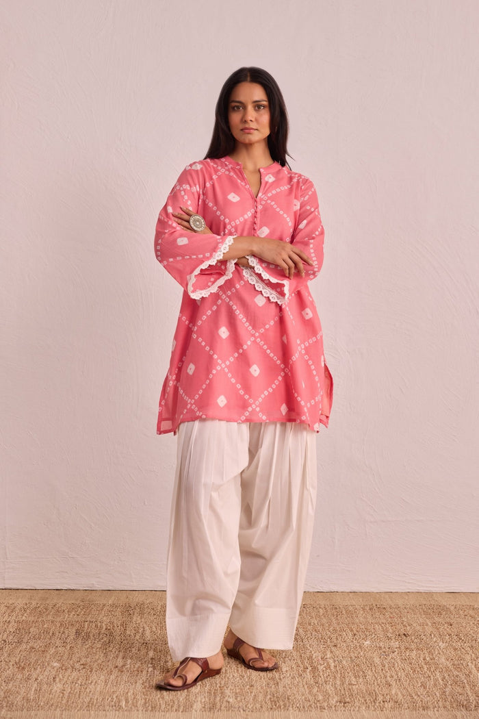 Pink Bandhej Printed Kurta & White Farsi Salwar Co - ord Set - Tara - C - Tara