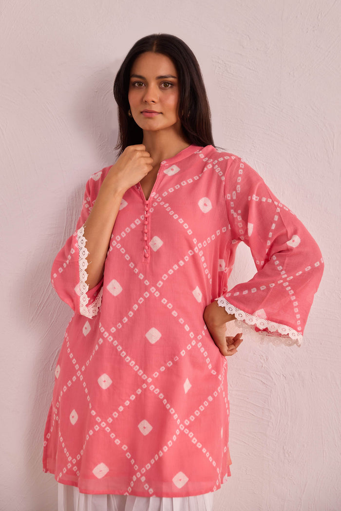 Pink Bandhej Printed Kurta & White Farsi Salwar Co-ord Set