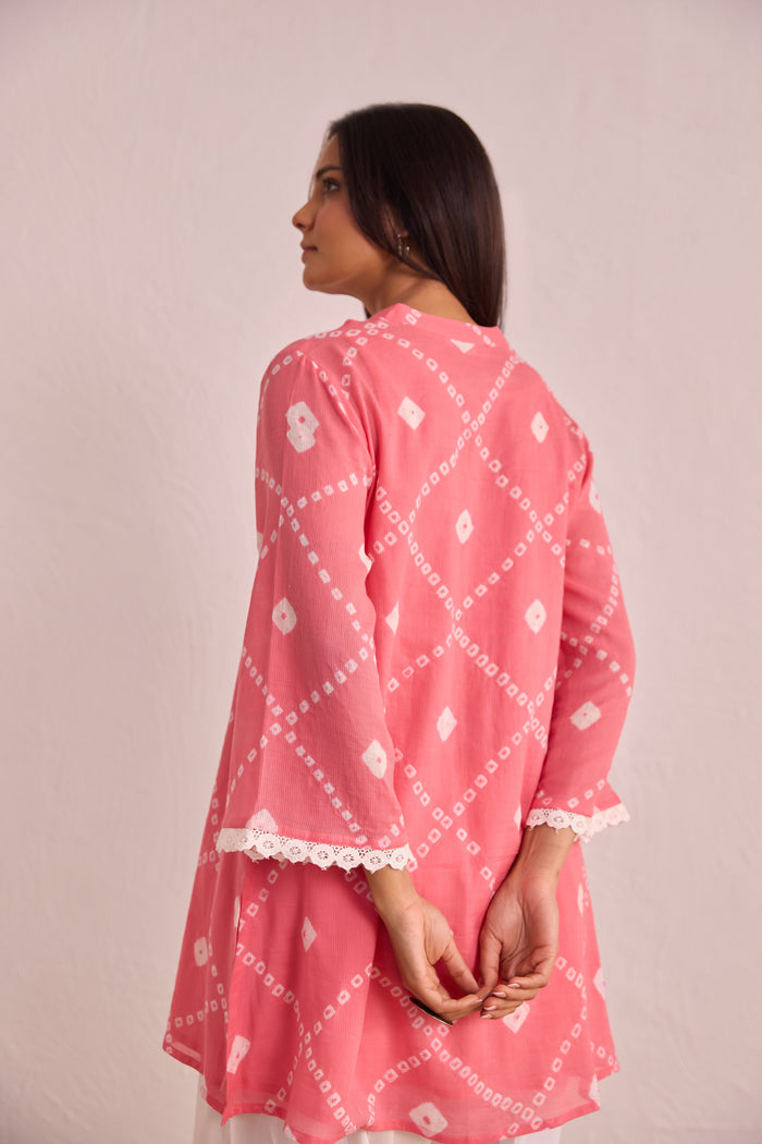 Pink Bandhej Printed Kurta & White Farsi Salwar Co-ord Set