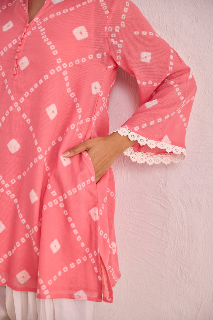 Pink Bandhej Printed Kurta & White Farsi Salwar Co - ord Set - Tara - C - Tara