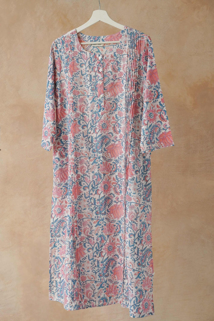 Pink & Blue Floral Hand Block Print Pintuck Kurta - Tara - C - Tara
