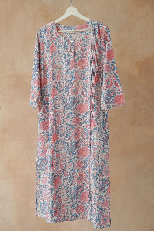 Pink & Blue Floral Hand Block Print Pintuck Kurta - Tara - C - Tara