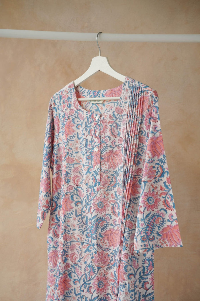 Pink & Blue Floral Hand Block Print Pintuck Kurta - Tara - C - Tara