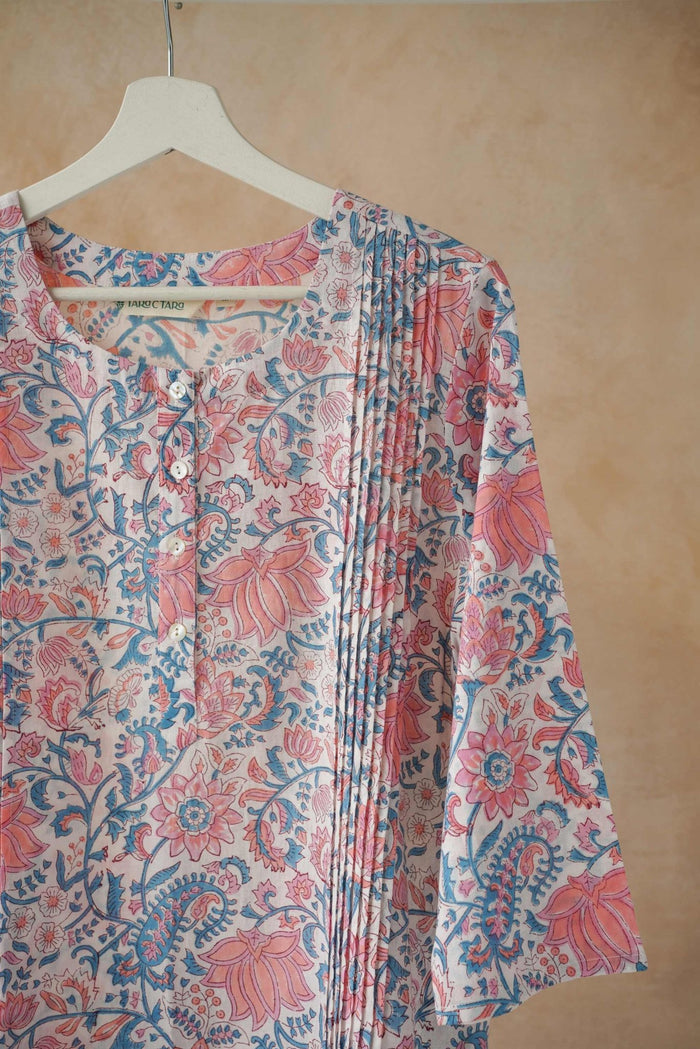 Pink & Blue Floral Hand Block Print Pintuck Kurta - Tara - C - Tara