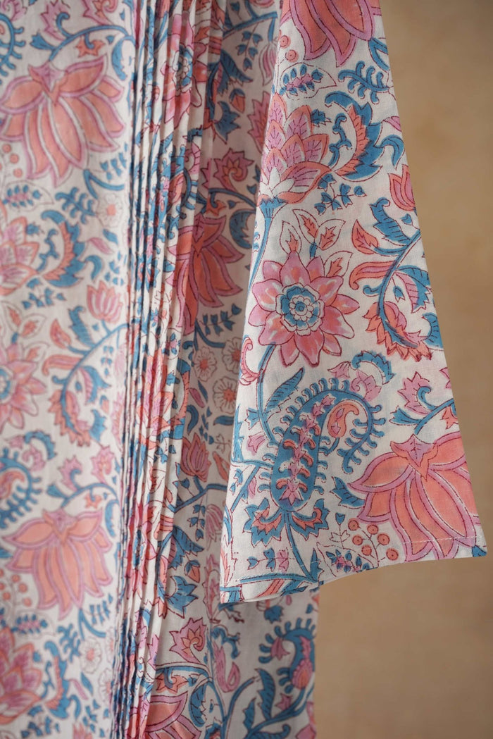 Pink & Blue Floral Hand Block Print Pintuck Kurta - Tara - C - Tara