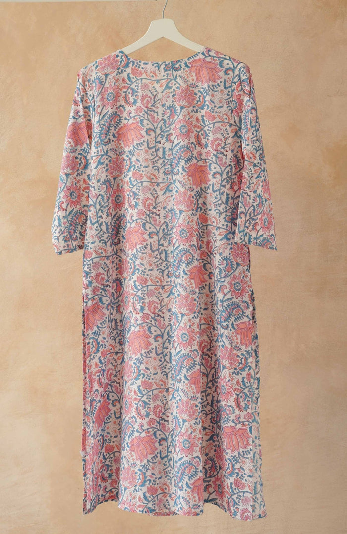 Pink & Blue Floral Hand Block Print Pintuck Kurta - Tara - C - Tara