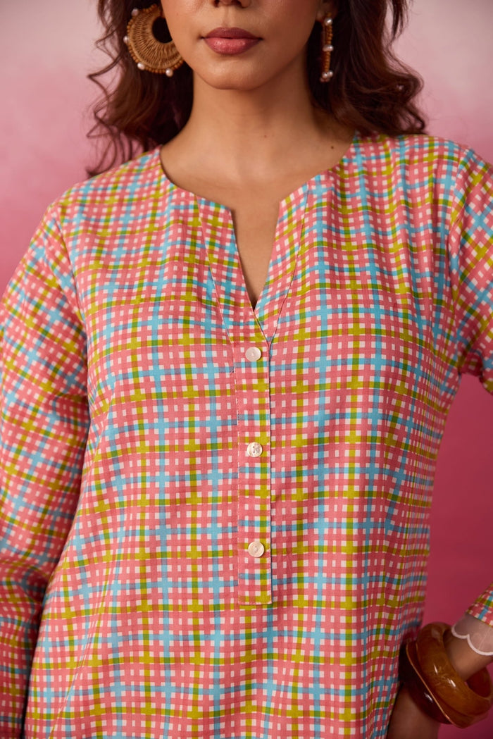 Pink Checks & Floral Printed Farsi Salwar Printed Co - ord Set - Tara - C - Tara