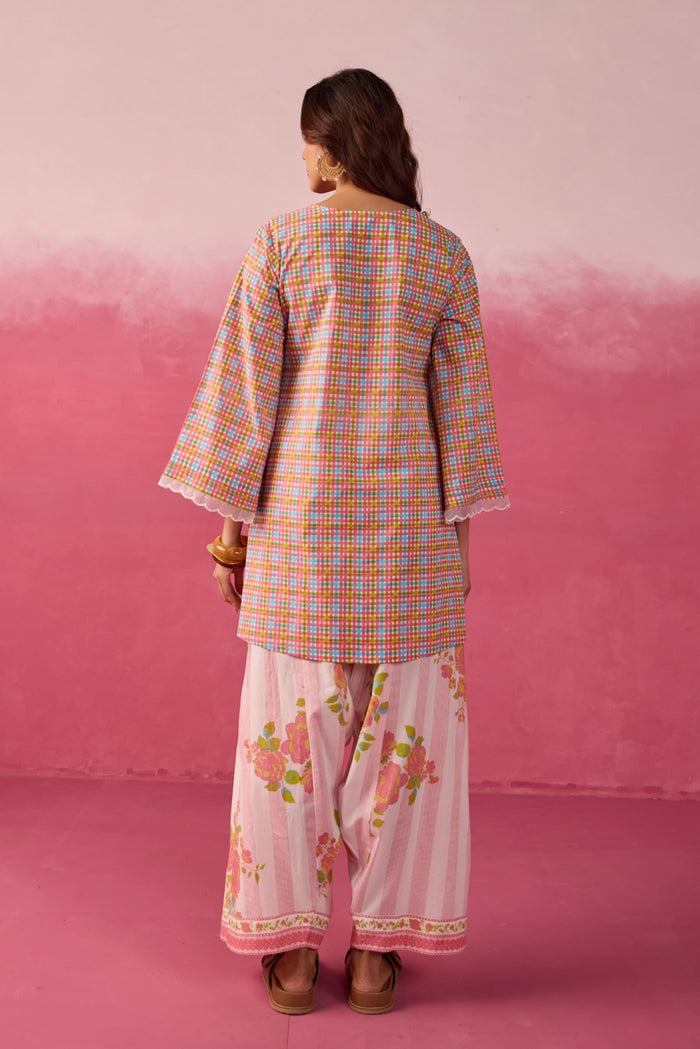 Pink Checks & Floral Printed Farsi Salwar Printed Co - ord Set - Tara - C - Tara