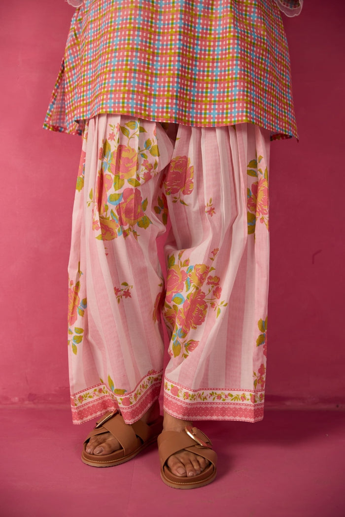 Pink Checks & Floral Printed Farsi Salwar Printed Co - ord Set - Tara - C - Tara