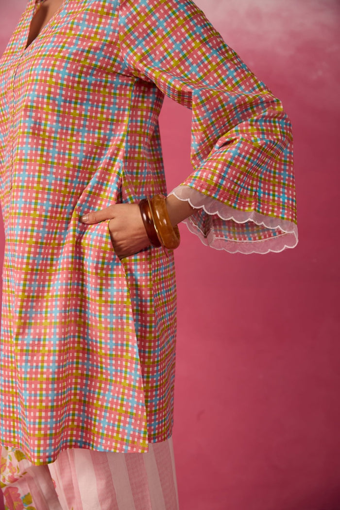 Pink Checks & Floral Printed Farsi Salwar Printed Co - ord Set - Tara - C - Tara