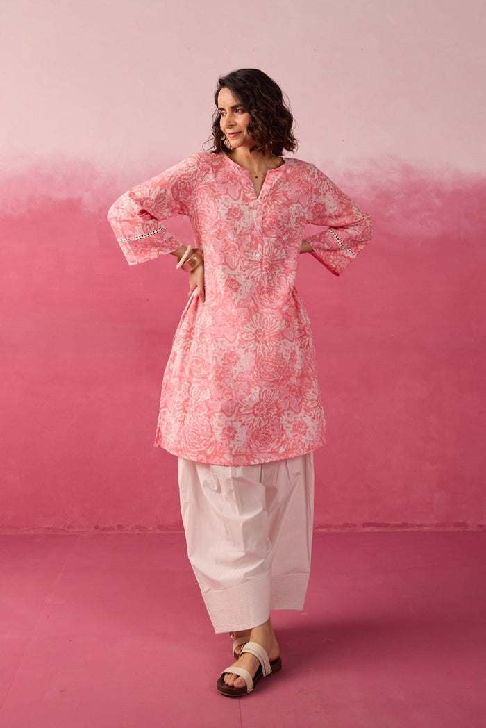 Pink Floral Toile Hand Block Print Kurta & White Farsi Salwar Co - ord Set - Tara - C - Tara