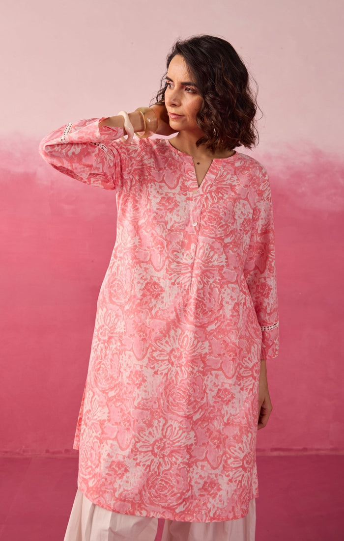 Pink Floral Toile Hand Block Print Kurta & White Farsi Salwar Co - ord Set - Tara - C - Tara