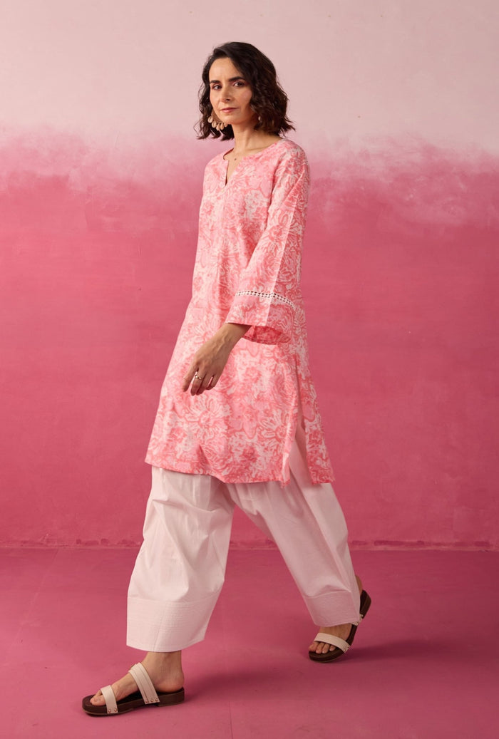 Pink Floral Toile Hand Block Print Kurta & White Farsi Salwar Co - ord Set - Tara - C - Tara