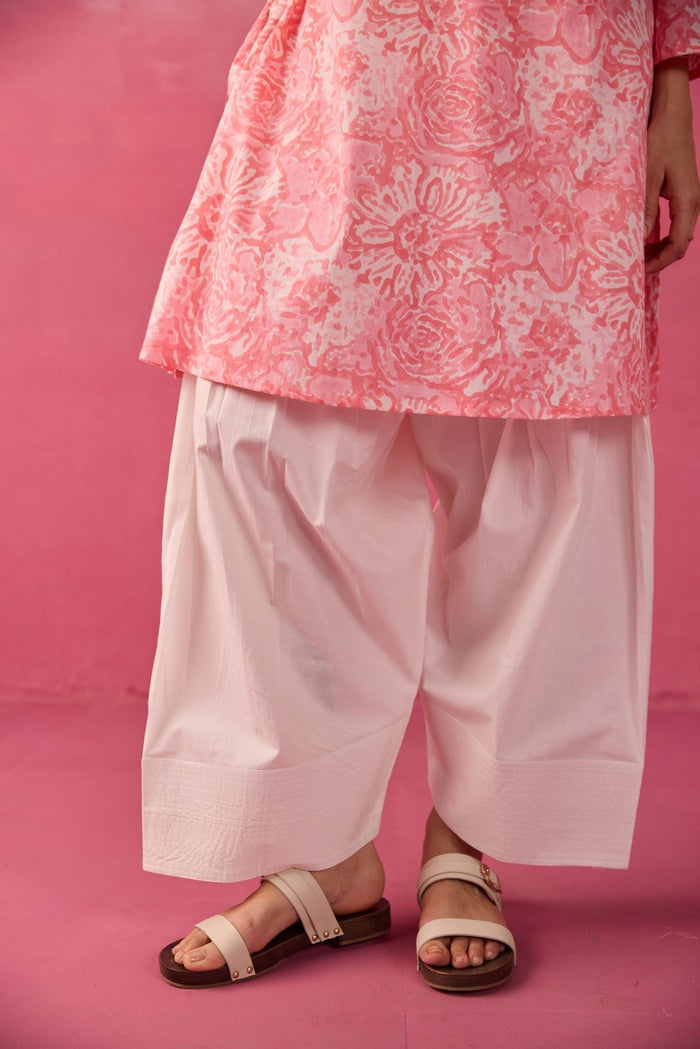 Pink Floral Toile Hand Block Print Kurta & White Farsi Salwar Co - ord Set - Tara - C - Tara