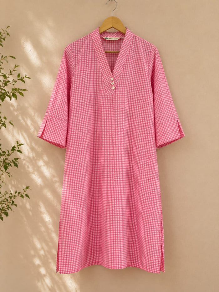 Pink Gingham Check Cotton Kurta - Tara-C-Tara