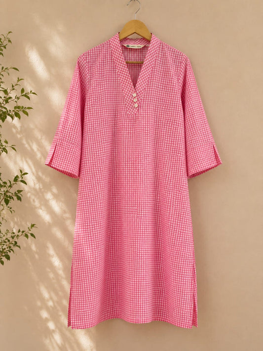 Pink Gingham Check Cotton Kurta - Tara-C-Tara