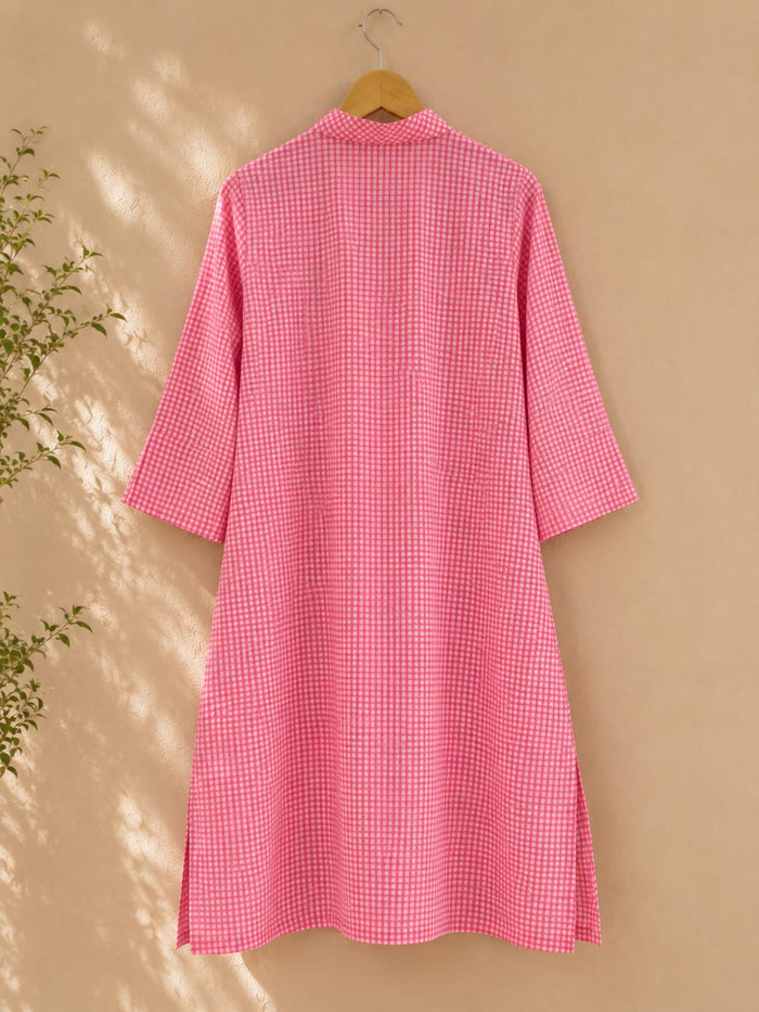 Pink Gingham Check Cotton Kurta - Tara-C-Tara