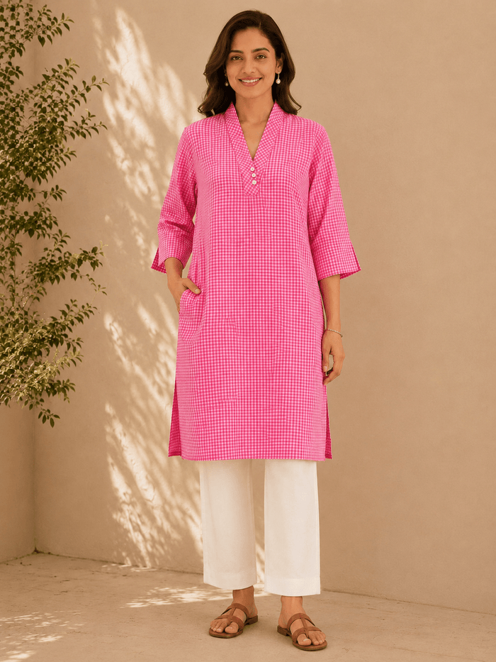 Pink Gingham Check Cotton Kurta - Tara-C-Tara