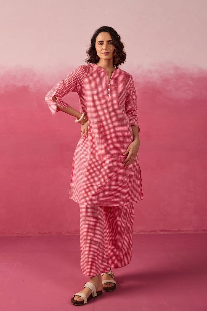 Pink Gingham Check Printed Cotton Co-ord Set - Tara-C-Tara
