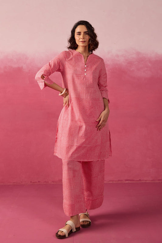 Pink Gingham Check Printed Cotton Co-ord Set - Tara-C-Tara