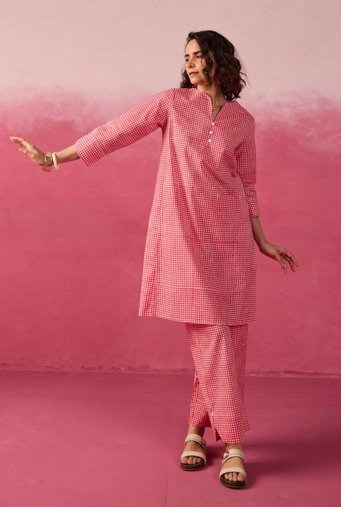 Pink Gingham Check Printed Cotton Co-ord Set - Tara-C-Tara