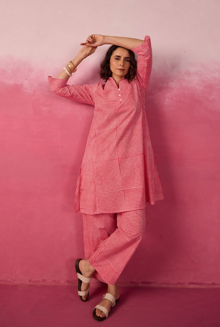 Pink Gingham Check Printed Cotton Co-ord Set - Tara-C-Tara