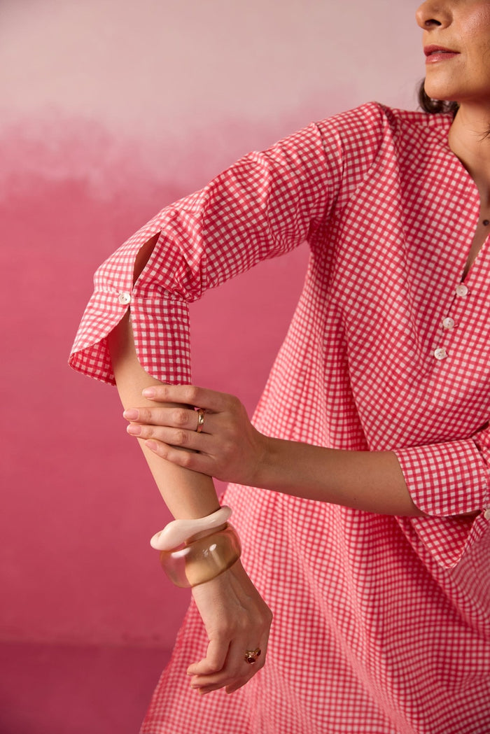 Pink Gingham Check Printed Cotton Co-ord Set - Tara-C-Tara