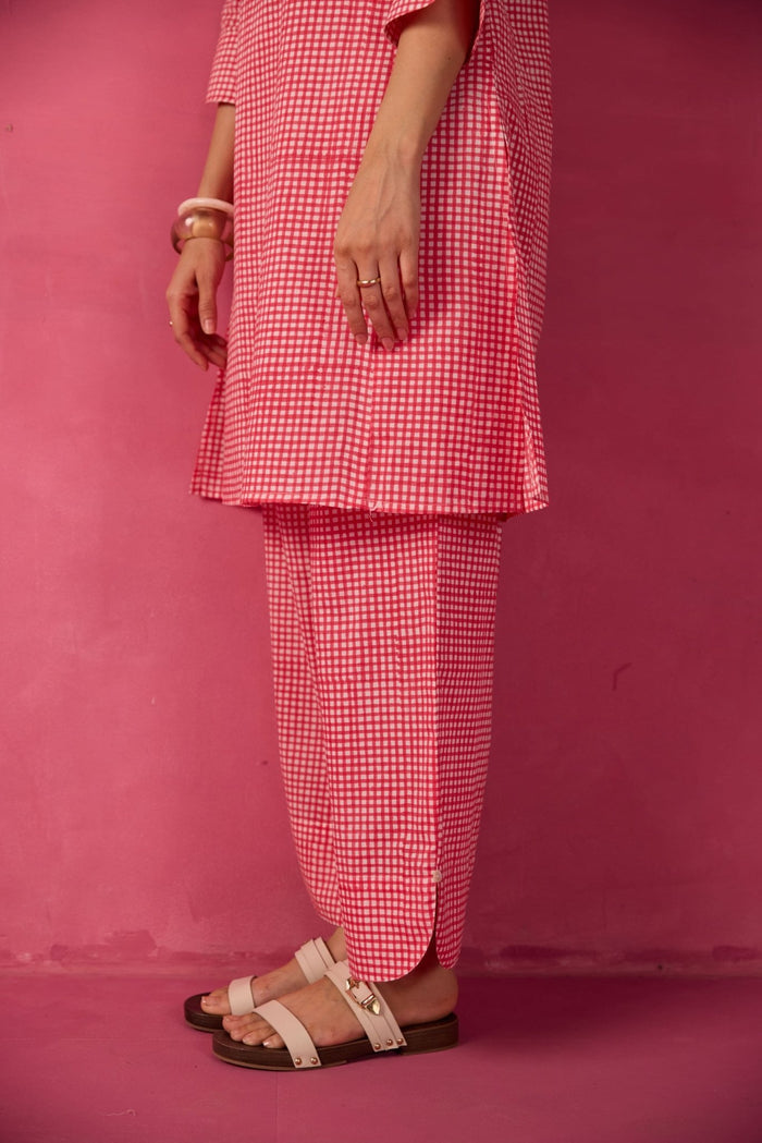 Pink Gingham Check Printed Cotton Co-ord Set - Tara-C-Tara