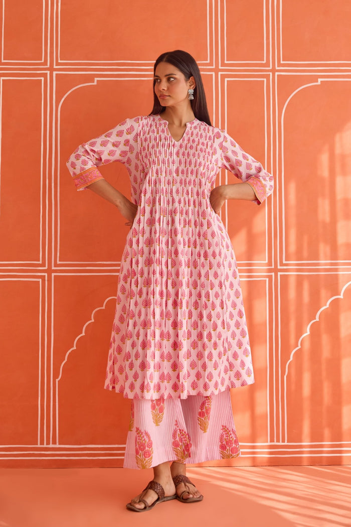Pink Leaf Motif Hand Block Printed Co-ord Set - Tara-C-Tara