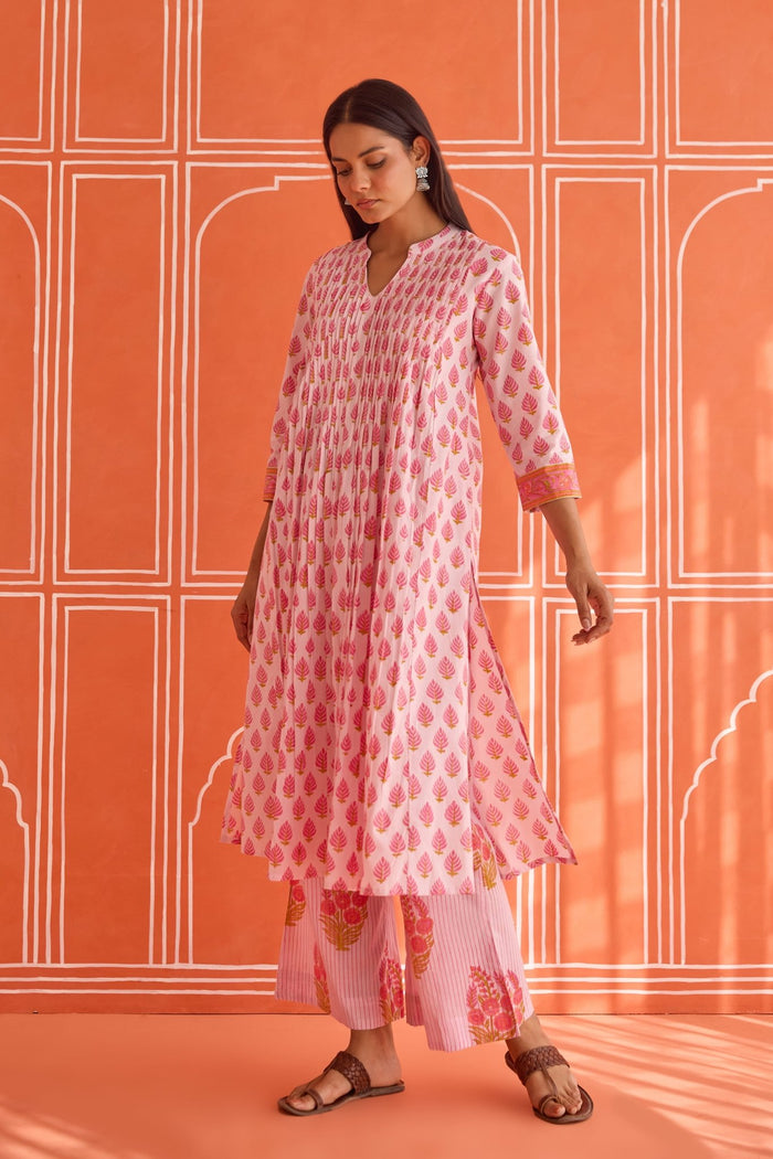 Pink Leaf Motif Hand Block Printed Co-ord Set - Tara-C-Tara