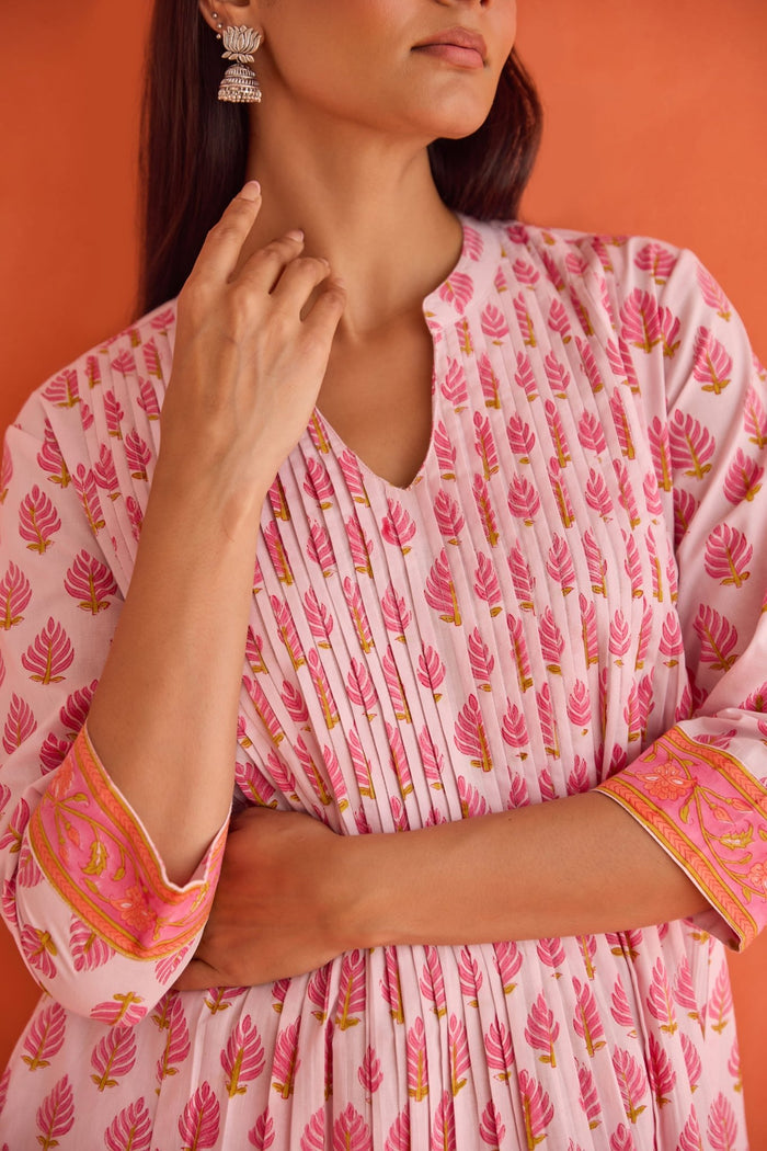 Pink Leaf Motif Hand Block Printed Co-ord Set - Tara-C-Tara